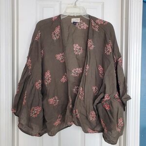 Linen Blend Cropped Kimono Cardigan Olive Green Floral Print Cottage Boho OSFM